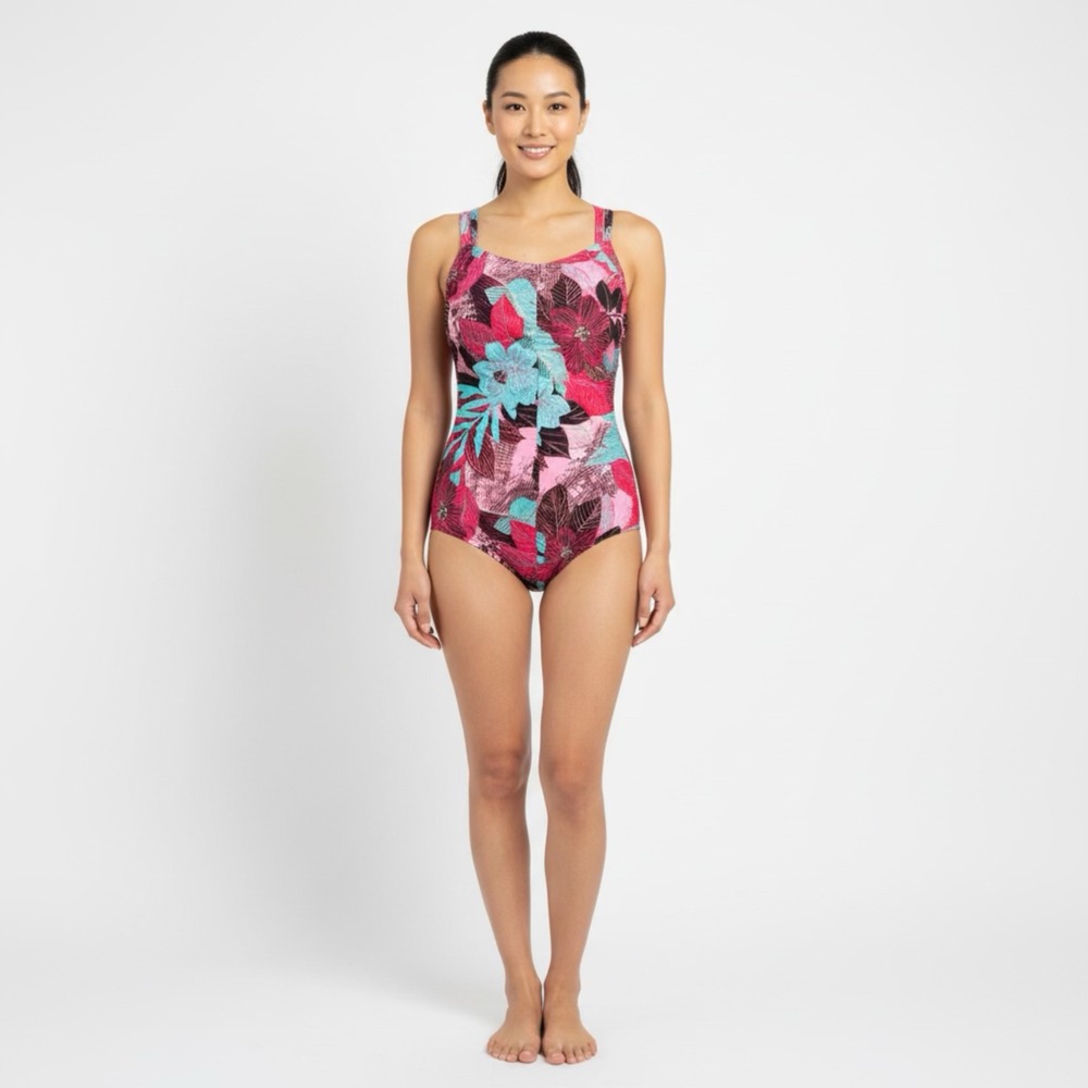 Le‎ Cove Womens Floral One Piece Swimsuit Pink Turquoise Gold Metallic Size 16
